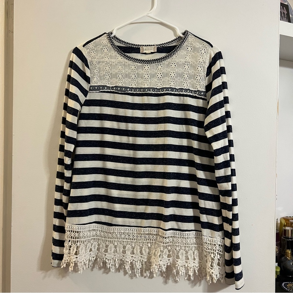 Altr’d State Striped Long Sleeve Navy Top with Lace Trim